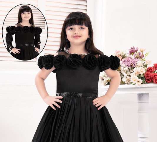 Black Girls’ Floral-Appliqué Gown with Detachable Sleeves