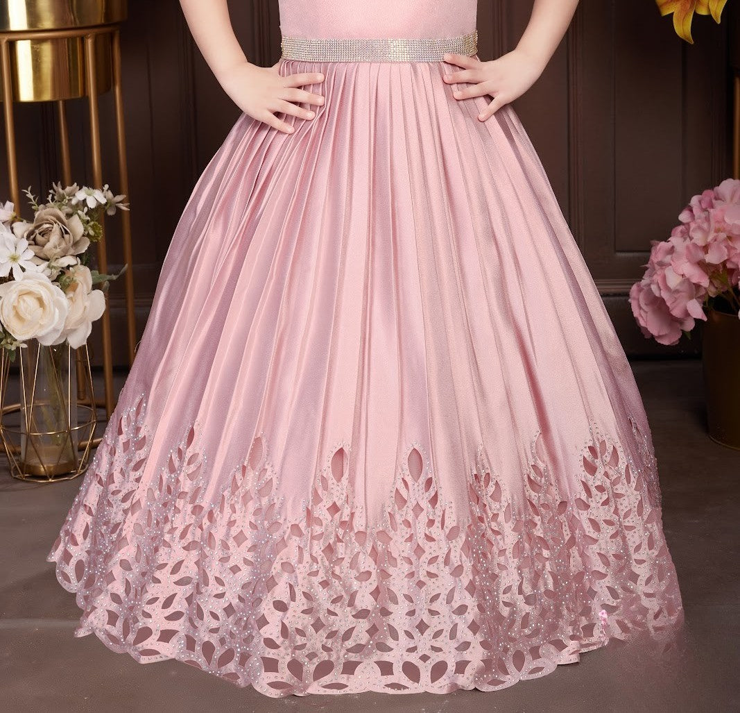 Pink Girls’ Floral-Appliqué Gown with Detachable Sleeves