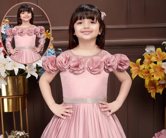 Pink Girls’ Floral-Appliqué Gown with Detachable Sleeves