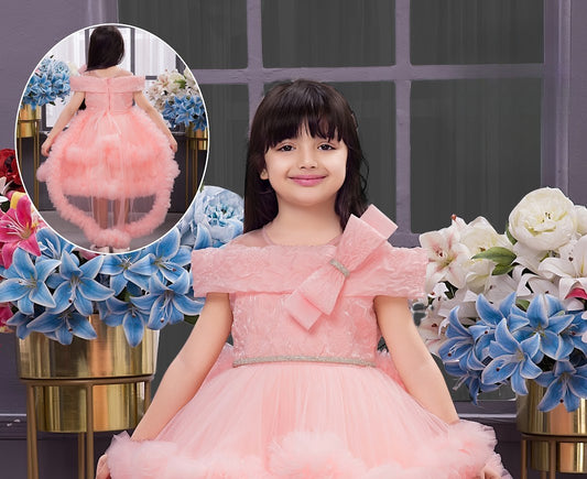 Peach Girls’ Hi-Low Net Ruffle Gown with Shoulder Bow