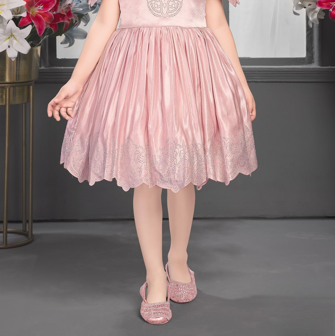 Pink Girls’ Shimmer Party Dress with Embellished Cape Sleeves