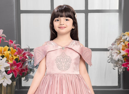 Pink Girls’ Shimmer Party Dress with Embellished Cape Sleeves