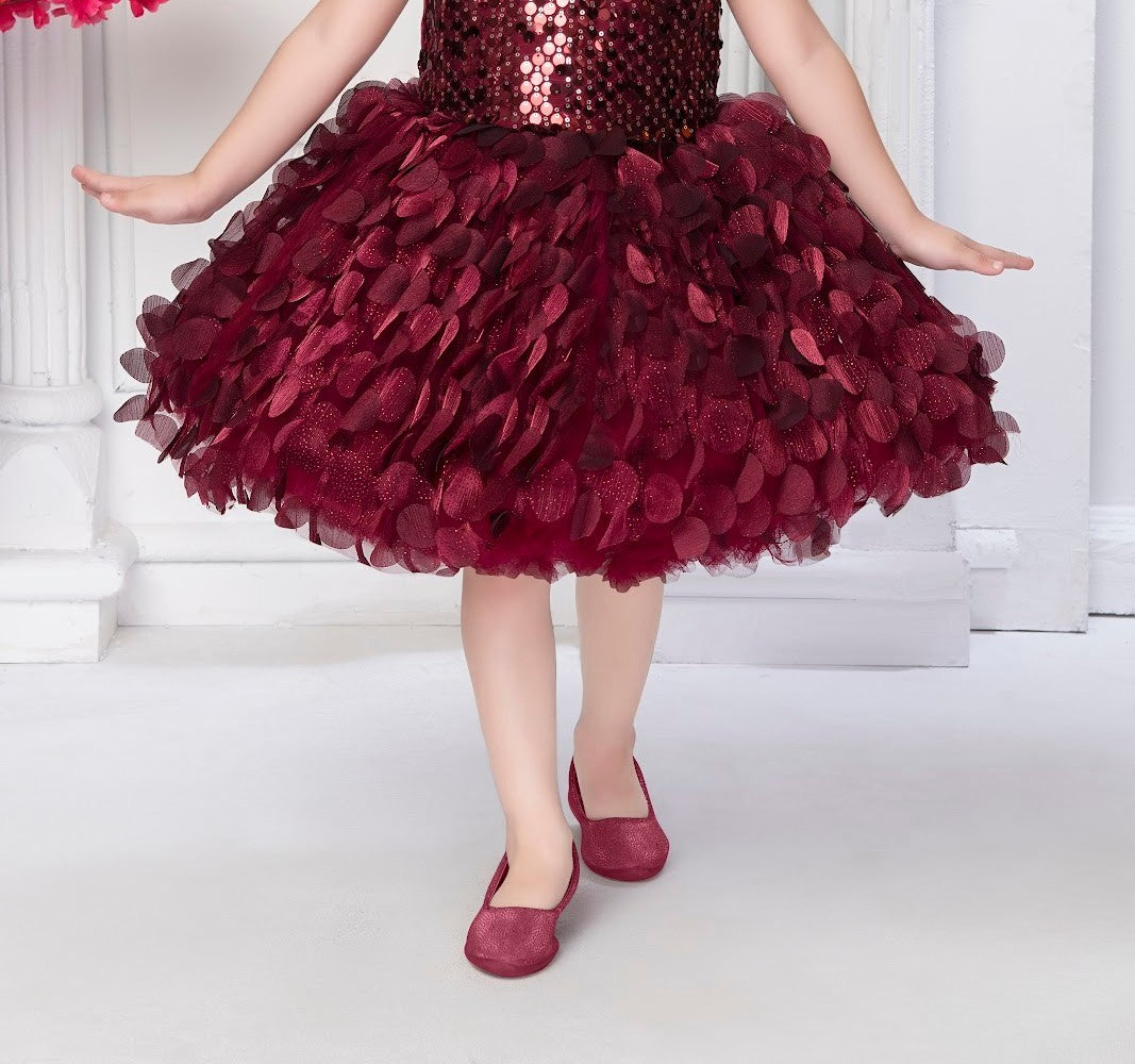 Maroon Girls’ Sequin Bodice Party Dress with Textured Petal Skirt
