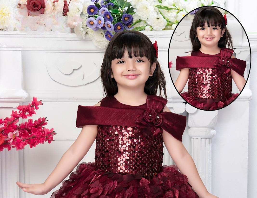 Maroon Girls’ Sequin Bodice Party Dress with Textured Petal Skirt