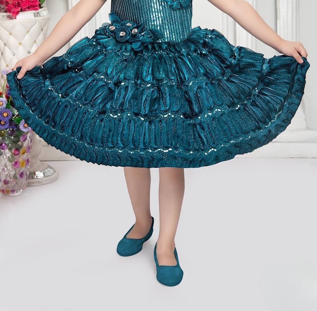 Teal Blue Cold-Shoulder Sequined Party Dress