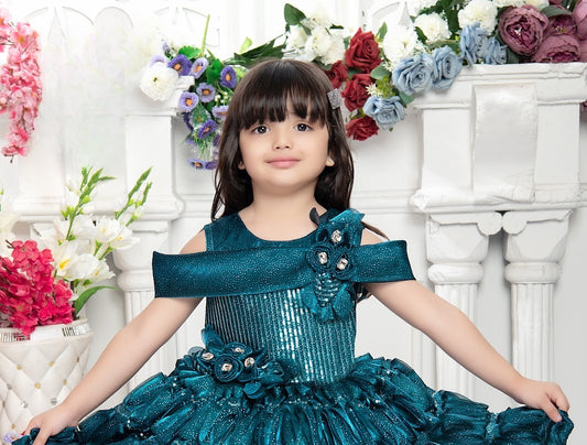 Teal Blue Cold-Shoulder Sequined Party Dress