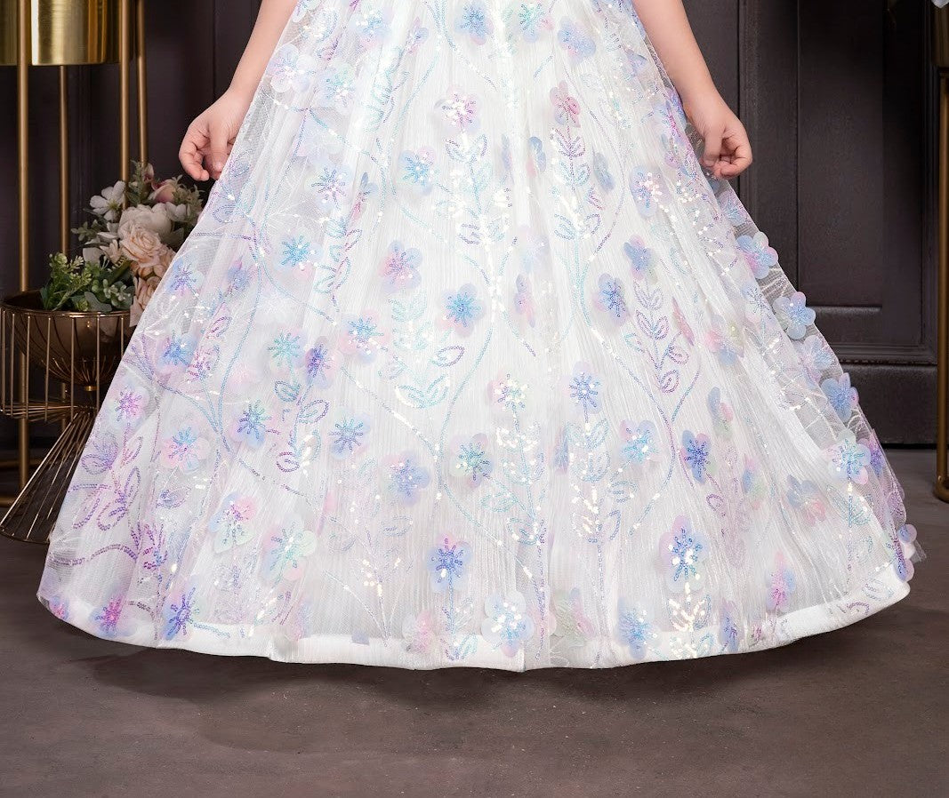 Sky White Pastel Floral Gown with Shoulder Bow Detail