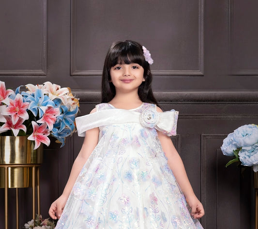 Sky White Pastel Floral Gown with Shoulder Bow Detail