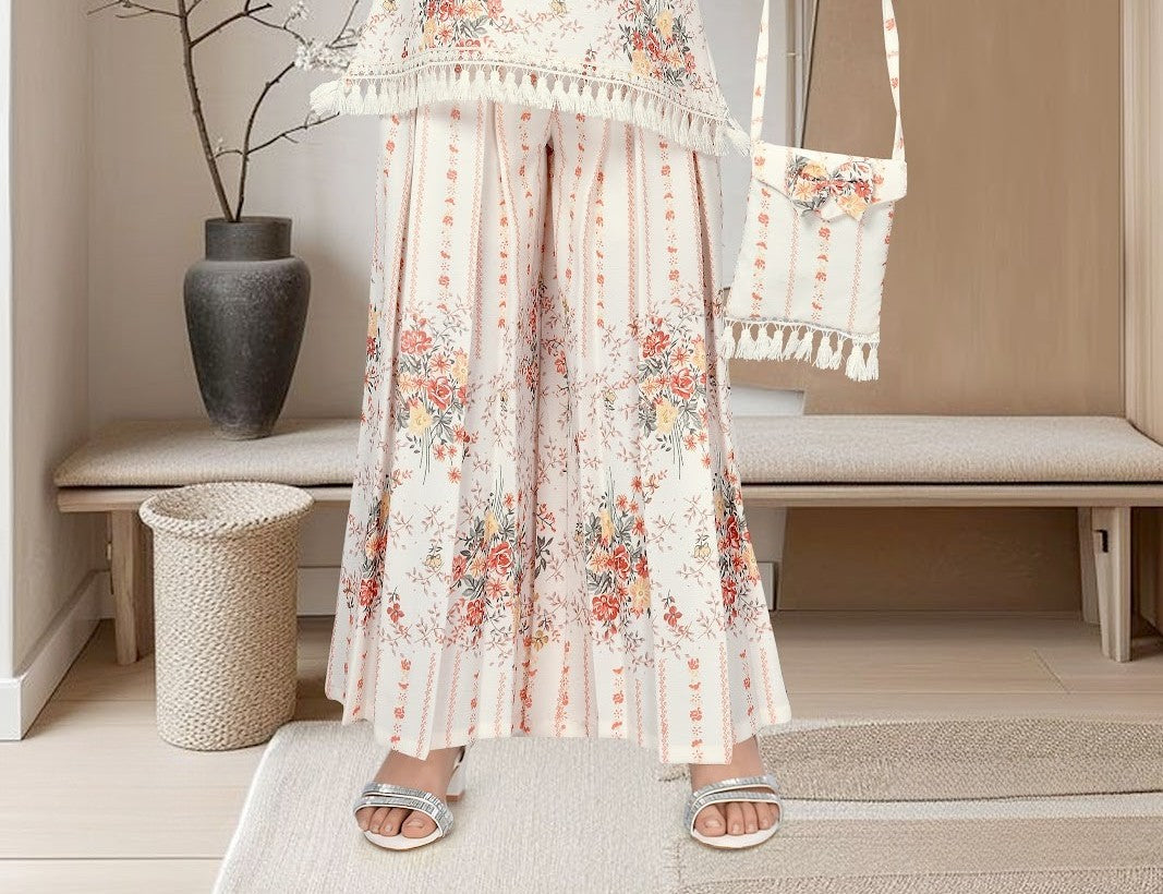 Cream & Coral Girls’ Floral Striped Kurti-Plazo Set with Tassel Detailing