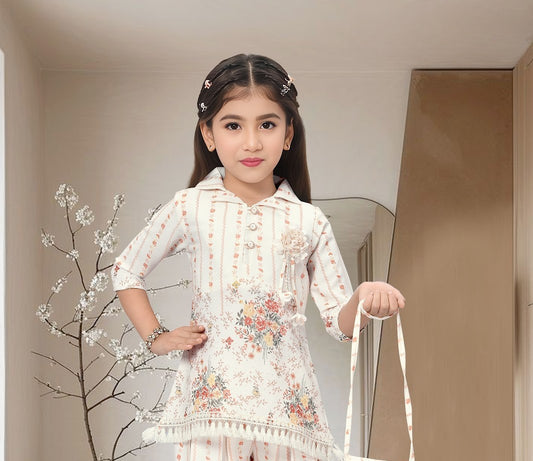 Cream & Coral Girls’ Floral Striped Kurti-Plazo Set with Tassel Detailing