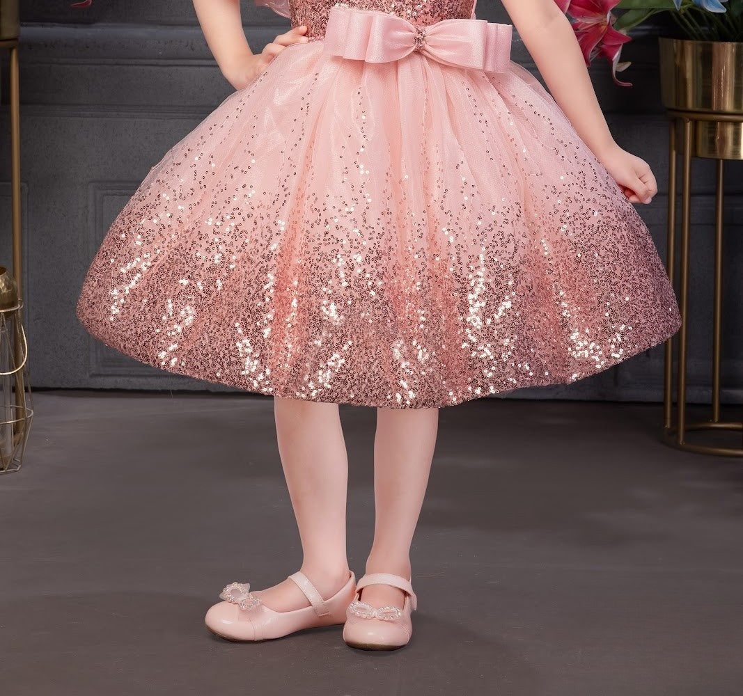 Peach Glitter Princess Dress with Dramatic Ruffle Sleeve