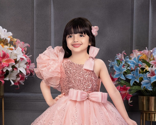 Peach Glitter Princess Dress with Dramatic Ruffle Sleeve