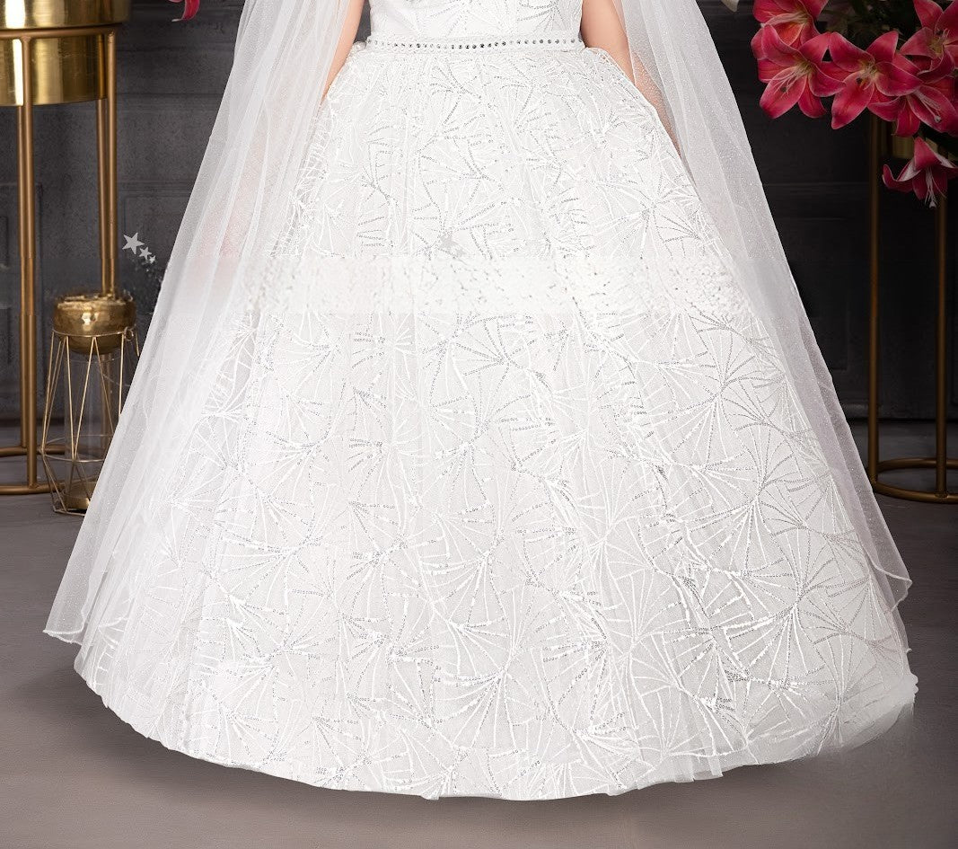 White Cape Gown with Embellished Shoulder Flower