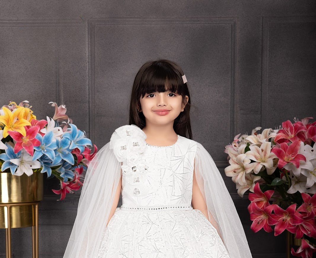 White Cape Gown with Embellished Shoulder Flower
