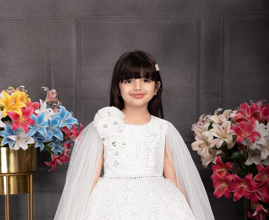 White Cape Gown with Embellished Shoulder Flower