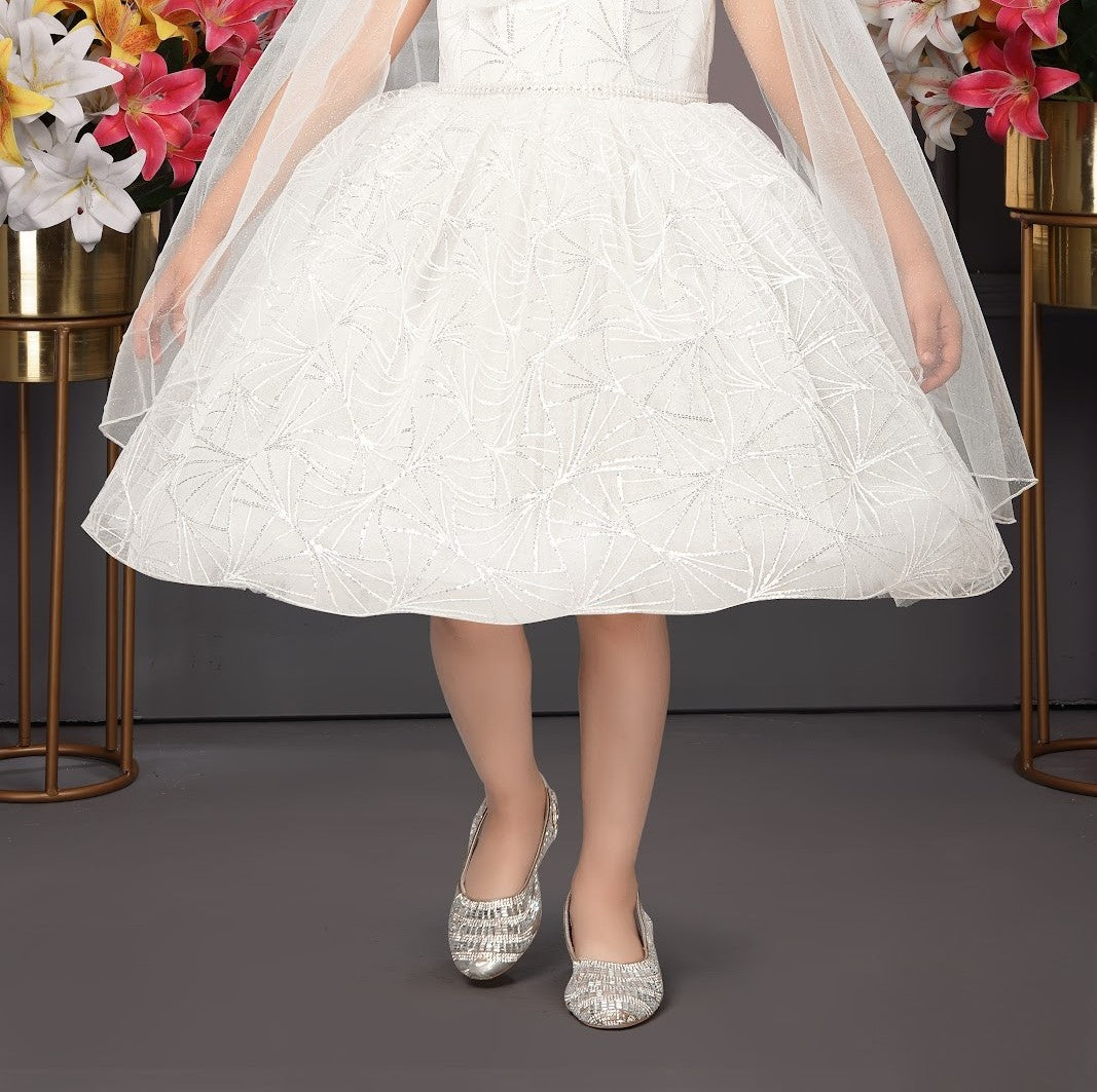 White Embellished Cape Gown with 3D Flower Shoulder