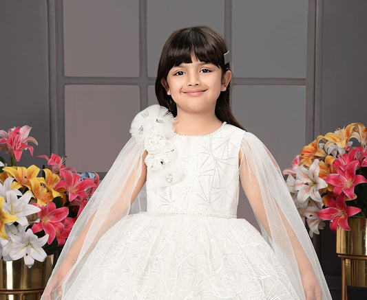 White Embellished Cape Gown with 3D Flower Shoulder