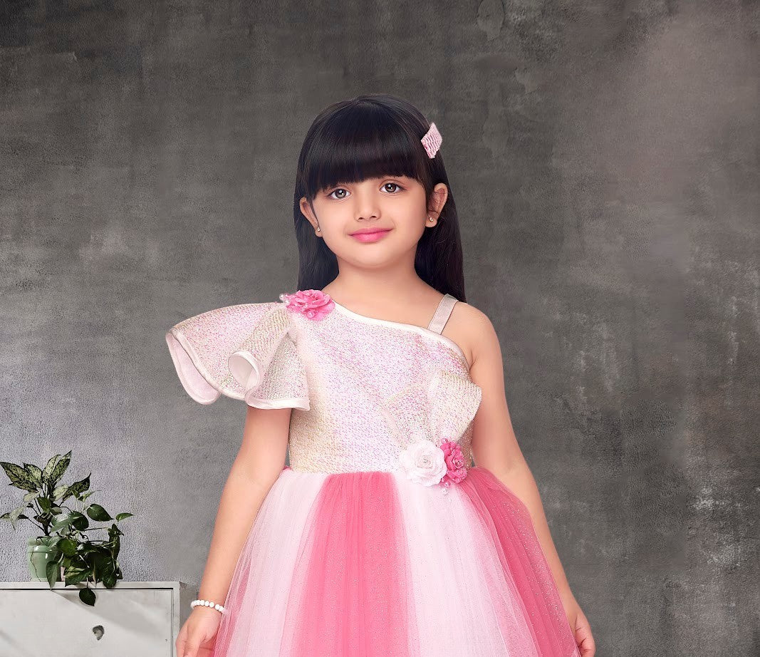 Pink Ombre One-Shoulder Gown with Flared Net Skirt