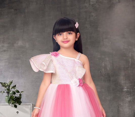 Pink Ombre One-Shoulder Gown with Flared Net Skirt