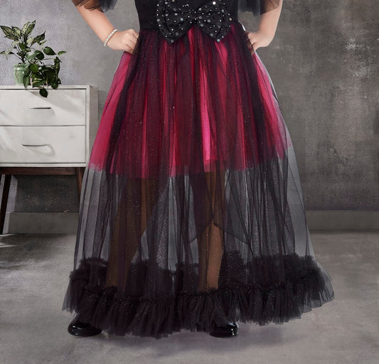 Black & Wine Tulle Gown with Puff Sleeves and Sequin Bow