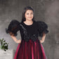 Black & Wine Tulle Gown with Puff Sleeves and Sequin Bow