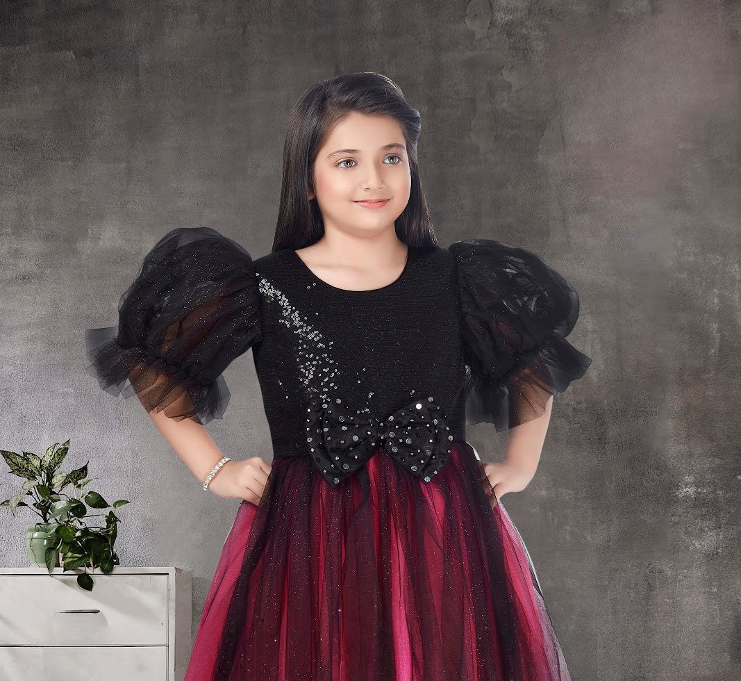 Black & Wine Tulle Gown with Puff Sleeves and Sequin Bow