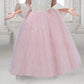 Pastel Pink Sequined Ball Gown with Iridescent Bodice & Sheer Sleeves