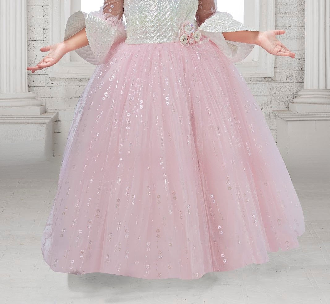 Pastel Pink Sequined Ball Gown with Iridescent Bodice & Sheer Sleeves
