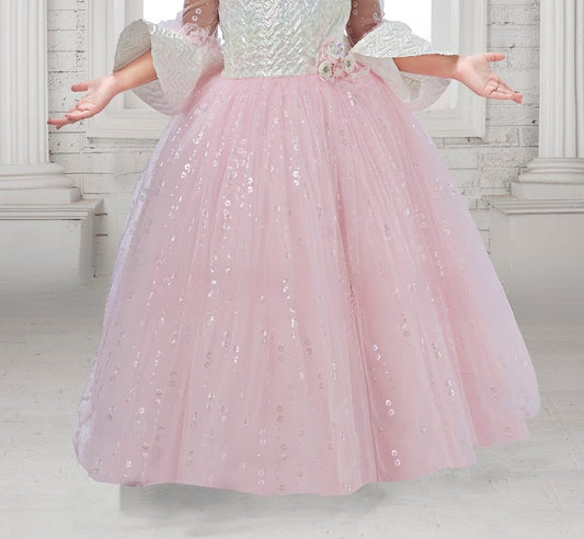 Pastel Pink Sequined Ball Gown with Iridescent Bodice & Sheer Sleeves