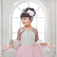 Pastel Pink Sequined Ball Gown with Iridescent Bodice & Sheer Sleeves