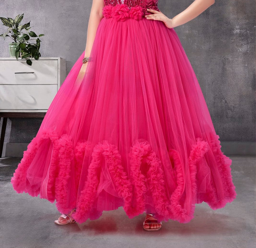 Rani Pink Net Gown with Sequin Bodice & Floral Waist Belt