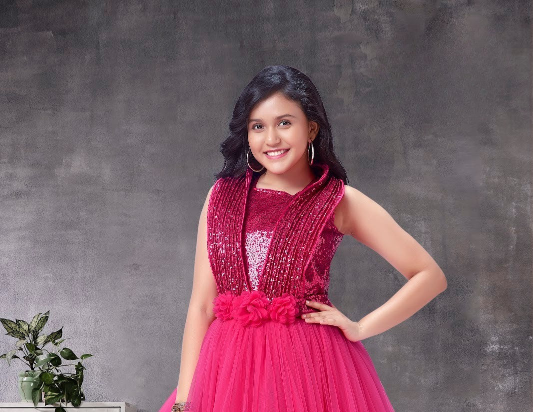 Rani Pink Net Gown with Sequin Bodice & Floral Waist Belt