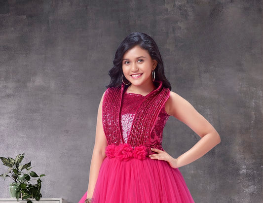 Rani Pink Net Gown with Sequin Bodice & Floral Waist Belt