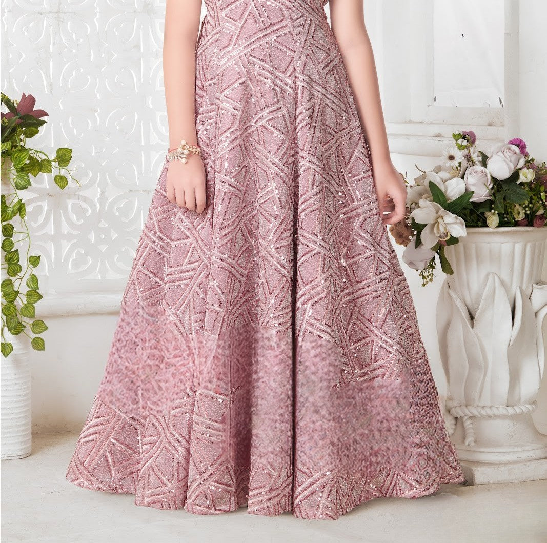 Blush Pink Girls’ Sequined Geometric Gown with Layered Shoulder Detail