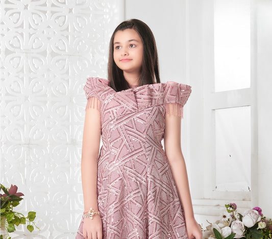 Blush Pink Girls’ Sequined Geometric Gown with Layered Shoulder Detail