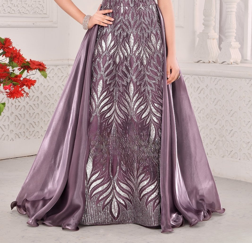 Mauve Girls’ Gown with Metallic Leaf Embroidery & Satin Cape Overlay
