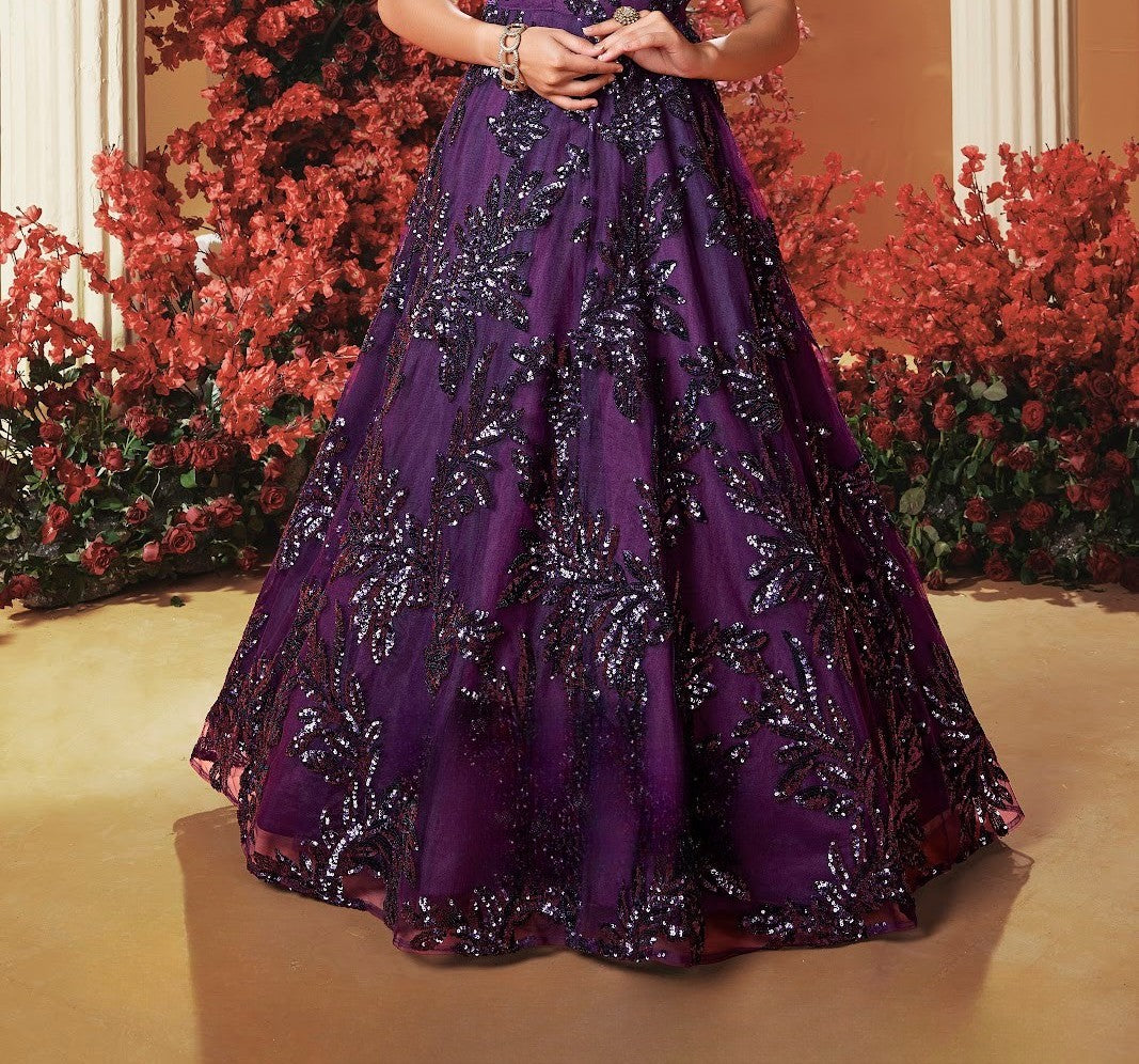 Plum Girls’ One-Shoulder Sequin Embroidered Gown with Floral Ruffle