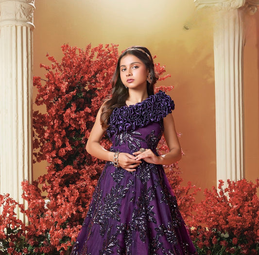 Plum Girls’ One-Shoulder Sequin Embroidered Gown with Floral Ruffle