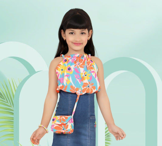 Multicolor Floral Halter Top & Denim Skirt Dress Set with Mini Sling