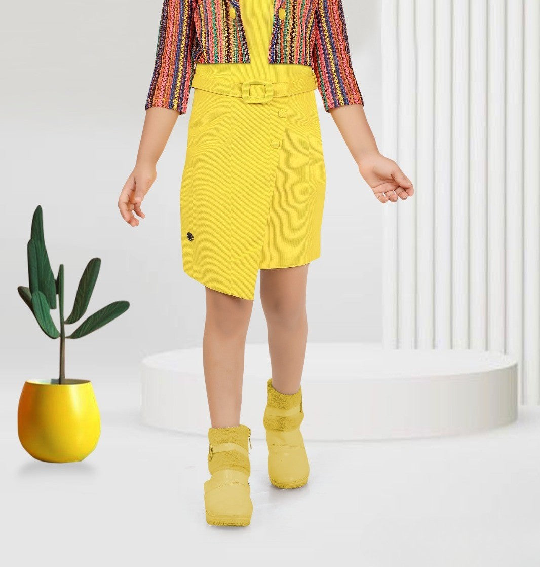 Yellow Belted Dress with Multicolor Striped Jacket