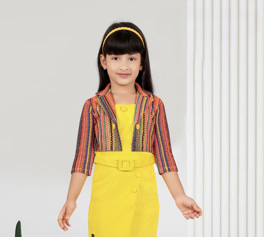 Yellow Belted Dress with Multicolor Striped Jacket