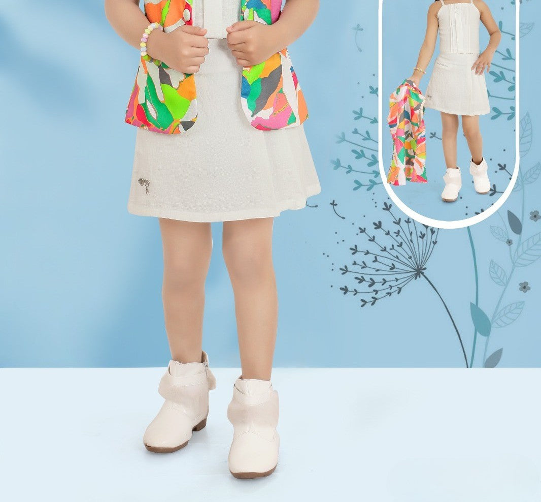 White Sleeveless Dress with Multicolor Abstract Waistcoat