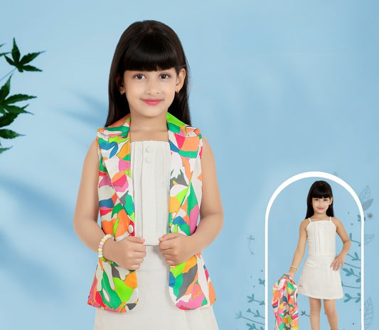 White Sleeveless Dress with Multicolor Abstract Waistcoat