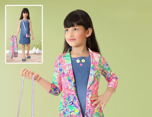 Blue Denim Dress with Multicolor Floral Blazer & Sling Bag