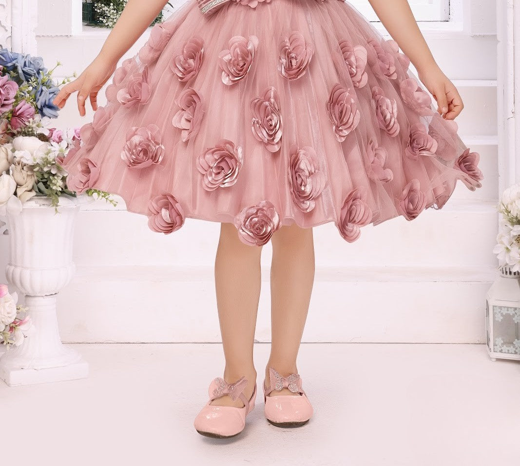 Pink Girls' 3D Floral Appliqué Party Dress