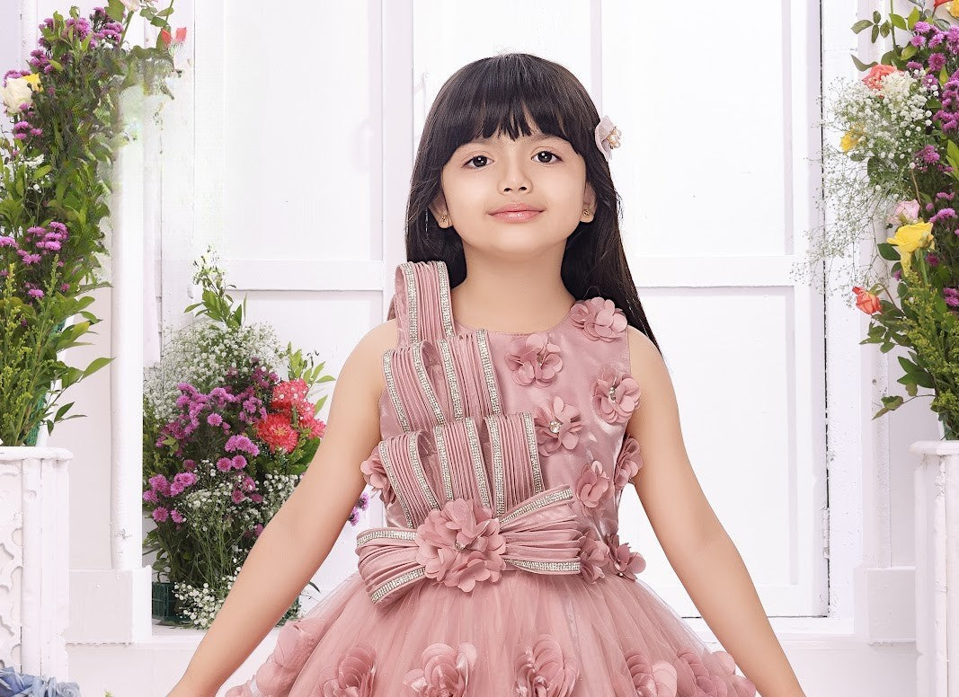 Pink Girls' 3D Floral Appliqué Party Dress