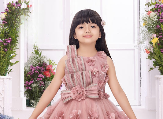 Pink Girls' 3D Floral Appliqué Party Dress