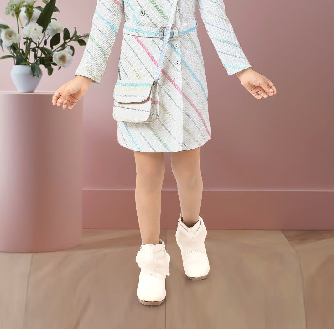 White Multicolor Striped Blazer-Style Dress with Belt & Sling Bag