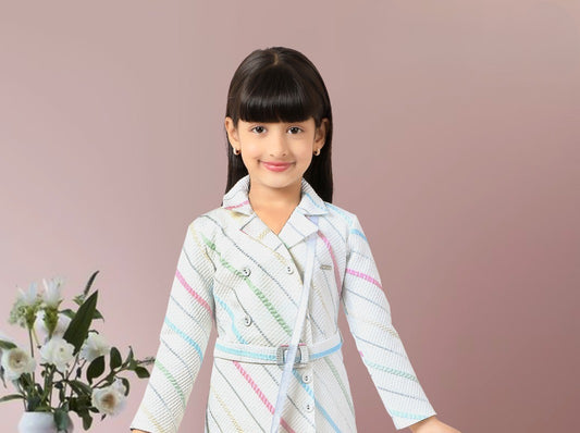 White Multicolor Striped Blazer-Style Dress with Belt & Sling Bag