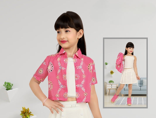 Cream Skirt and Pink Printed Crop Shirt Co-ord Set for Girls